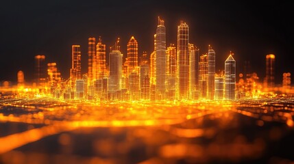 Fototapeta premium Futuristic city skyline at night, glowing orange lines, abstract art, digital design, background image, cityscape illustration, 3D render, virtual space