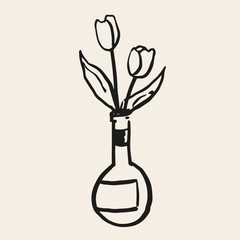 Tulips in wine bottle. Conceptual, naive flower sketch. Hand drawn ink vector illustration. Element for poster, social media, banners, invitation. Trendy spring card template. 