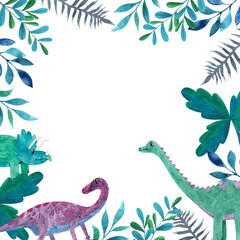 Watercolor cute dinosaurs in leaves frame. Hand drawn illustration for design card, poster.