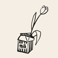 Tulips in milk carton box. Conceptual, naive flower sketch. Hand drawn ink vector illustration. Element for poster, social media, banners, invitation. Trendy spring card template. 