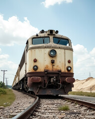 aged cream and brown vintage train locomotive on railway tracks
