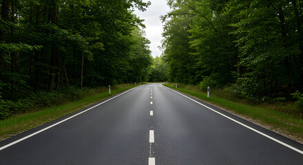 Obraz premium Aerial View of an Asphalt Road Winding Through Lush Green Woods in Summer 