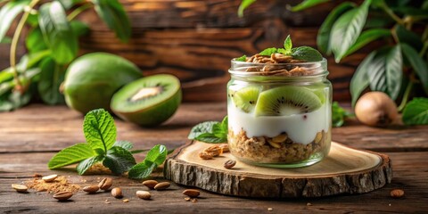 Layered Kiwi and Yogurt Parfait in a Glass Jar with Granola and Nuts on a Wooden Surface