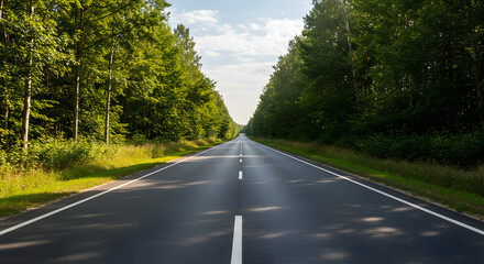Fototapeta premium Scenic Summer Landscape with an Asphalt Road Cutting Through Verdant Forests 