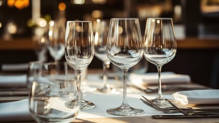 Neatly arranged empty glasses on a table, symbolizing simplicity and order in dining.
