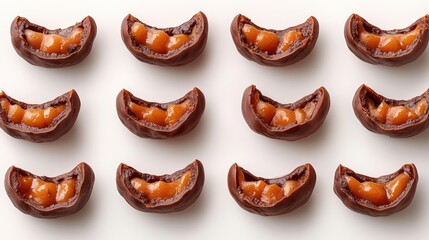 Obraz premium Delicious chocolate confections with caramel filling arranged neatly on a white background