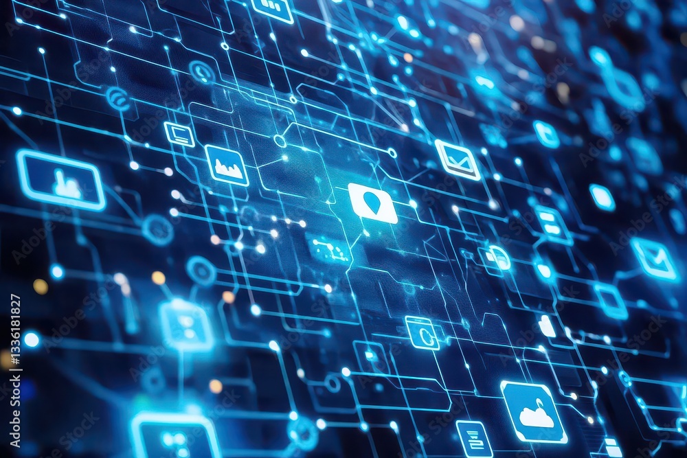 Poster abstract digital network connections with icons representing communication and technology