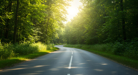 Obraz premium Majestic Green Forests Embracing a Long Asphalt Road Under the Warm Summer Sun