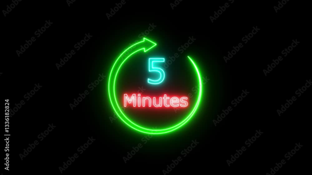 Poster 5 minute countdown timer animation, 0-5 counting up seconds neon number 5 minute countdown on a blac