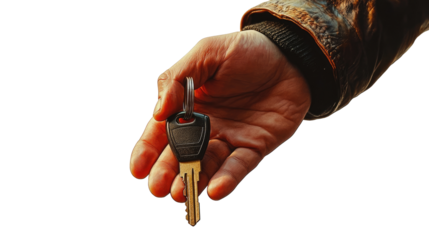Hand holding a car key, isolated on transparent background