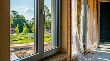 Freshly installed window in a new house under construction, protected by plastic film to prevent damage, showcasing early-stage building and installation care.
