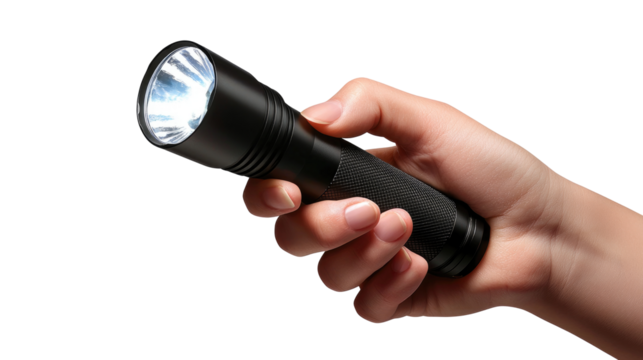 Hand holding a black flashlight, isolated on transparent background