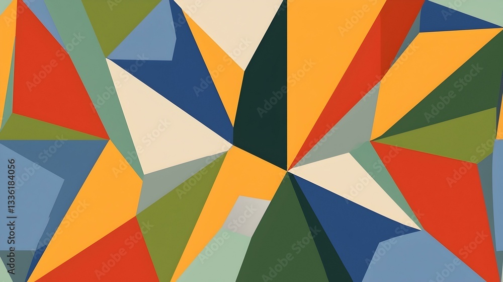 Poster abstract geometric background with colorful triangles creating a dynamic, modern design.