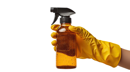 Hand in yellow gloves holding a spray bottle, isolated on transparent background