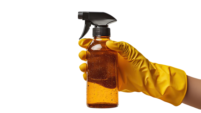 Hand in yellow gloves holding a spray bottle, isolated on transparent background