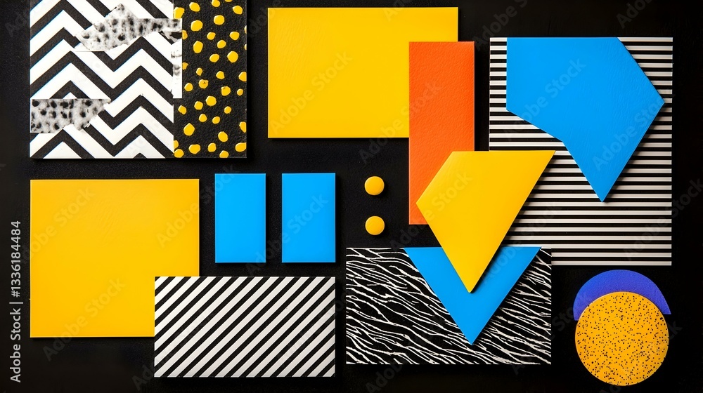 Poster abstract geometric flat lay with vibrant colors and contrasting patterns on a black background.