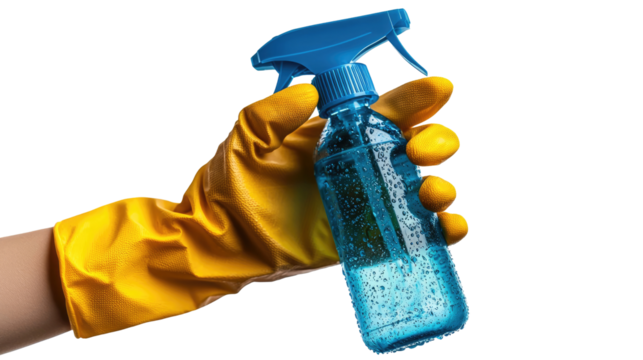 Hand in yellow gloves holding a blue cleaning spray, isolated on transparent background