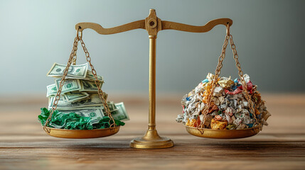 balance scale weighing stacks of money one side and crumpled paper other side, symbolizing value