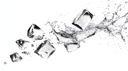Ice cubes with water splash and drops. Cold mineral water, natural aqua or cocktail drink realistic vector splashes or frozen motion ripples ice cubes. beverage, soda isolated white background