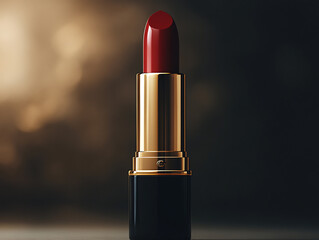 a close-up of a red lipstick with a gold casing, placed on a marble surface with a blurred marble background. The lipstick is positioned upright, with the cap off to the side.