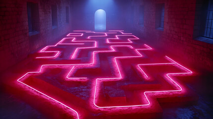 Pink neon maze inside a stone building, mysterious blue light at the end