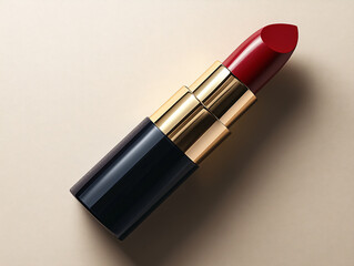 a close-up of a red lipstick with a gold casing, placed on a marble surface with a blurred marble background. The lipstick is positioned upright, with the cap off to the side.