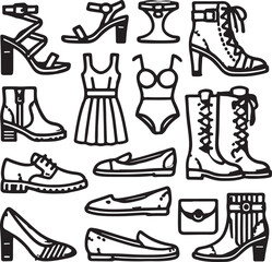 Create a Women shoes collection. Basic types of footwear for lady. High heels, sandals, boots, flats, loafers, slippers. Simple solid silhouette icons for clothing shop. Side view pictograms, isolated