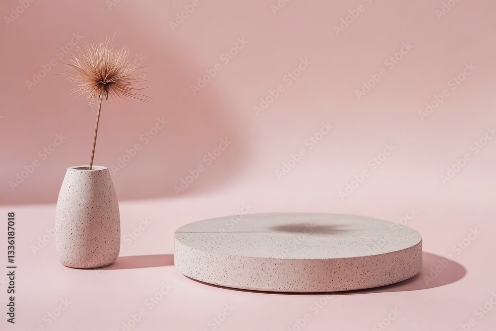 Poster minimalist pink background with vase and display platform