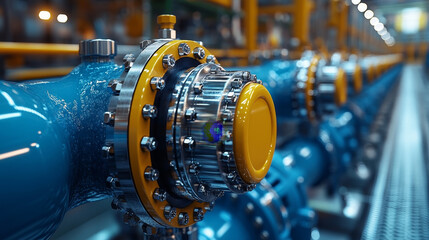 High quality industrial valve with blue pipe and metallic fittings in factory