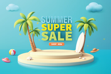 3D vector summer sale banner with a tropical beach scene. Podium, palm trees, surfboard, beach ball, and hat. Vibrant colors and playful design. Perfect for promotions.