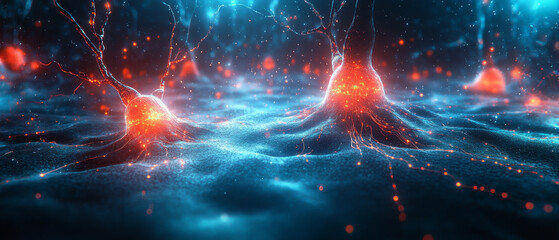 Fototapeta premium Glowing neurons and circuits create mesmerizing digital landscape