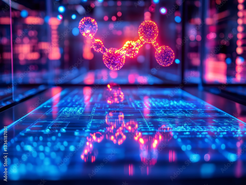 Poster digital research tables glowing with floating holographic molecules and data
