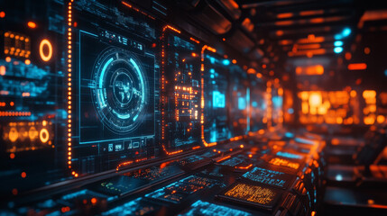 Obraz premium Futuristic control room with glowing holographic interfaces and screens