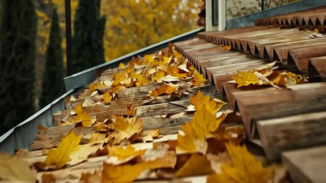Beautiful autumn leaves covering a wooden roof in a tranquil outdoor setting during fall season