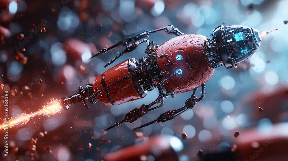 Poster cardiovascular futuristic robotic spaceship with vibrant colors and dynamic motion.