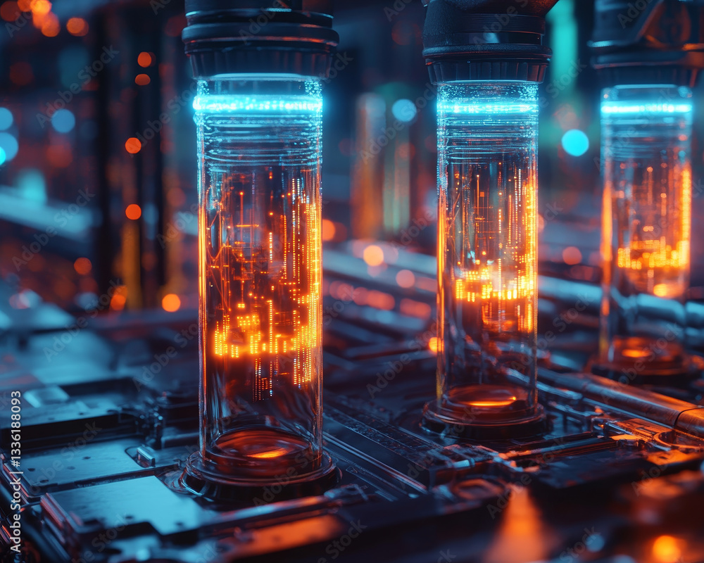 Poster glowing test tubes filled with digital data and interconnected wires create futuristic scene