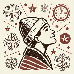 Christmas halftone art collage cut outs set. Various paper clipping shapes, New Year stickers with vintage dotted texture and doodles. Modern retro grunge mixed media vector illustration 