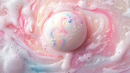 Fototapeta premium A pearl-white bath bomb slowly dissolves at the bottom of the tub, releasing swirls of pink and blue into the water. The colors swirl together in a dreamy, otherworldly scene of relaxation.