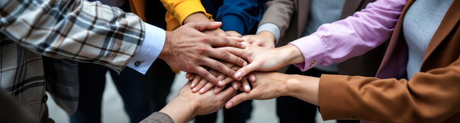 diverse group of people joining hands symbolizing unity and collaboration