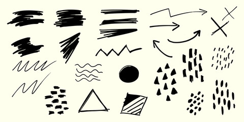 Black Paint Brush Stroke & Charcoal Sketch Grunge Texture Vector Set