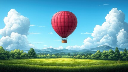 Obraz premium Vibrant Red Hot Air Balloon Floating Above Lush Green Field Under Clear Blue Sky