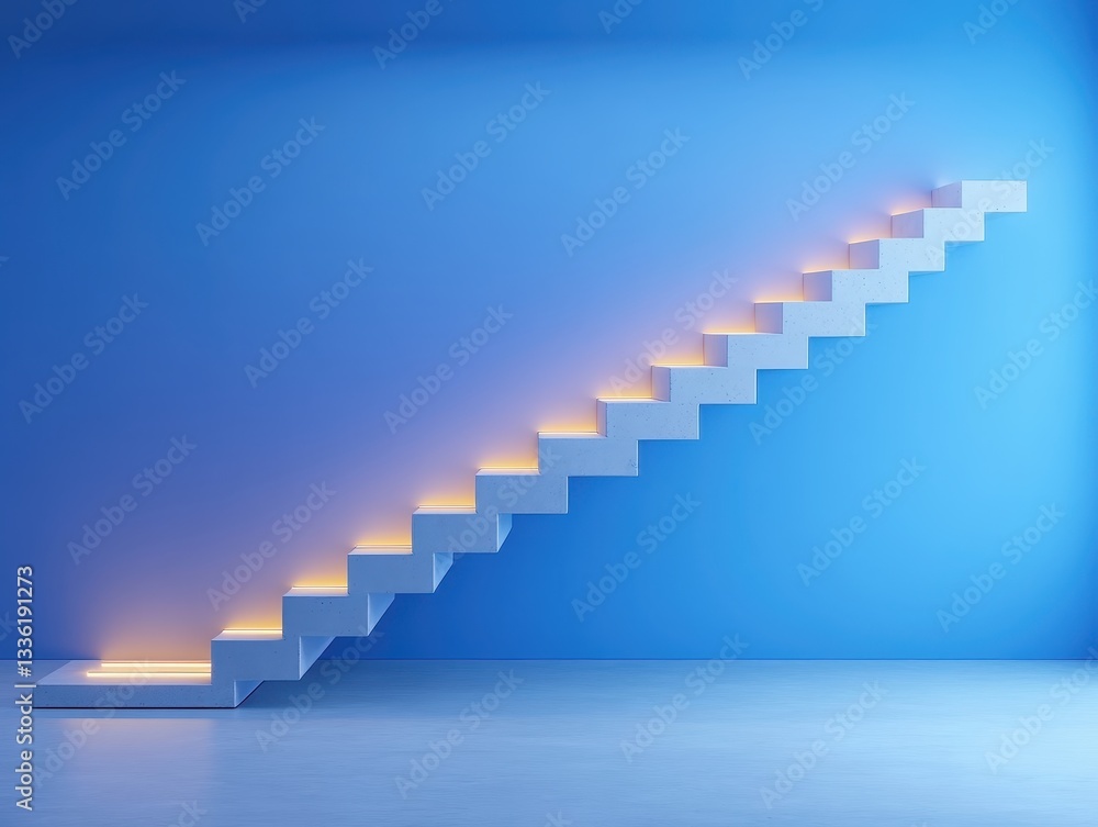 Poster modern staircase with soft lighting against a blue backdrop in an empty space