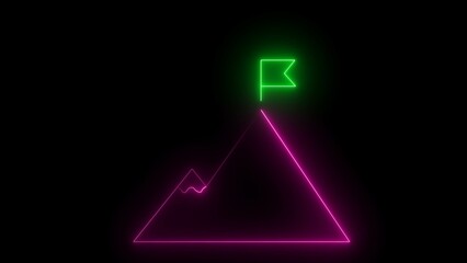 Naklejka premium Glowing neon line of man conquering mountain peak icon isolated on transparent background Business concept of victory, success, goal achiever Success icon animation with neon shine on black background