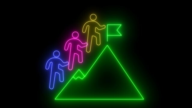 Glowing neon line of man conquering mountain peak icon isolated on transparent background Business concept of victory, success, goal achiever Success icon animation with neon shine on black background