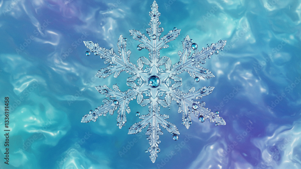 Poster a complex frozen snowflake adorned with water droplets set against a vivid abstract backdrop, render