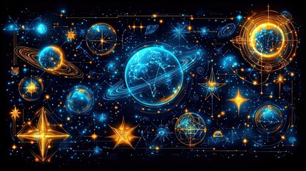 Cosmic Exploration Journey with Glowing Stars, Planets, and Celestial Patterns in Dark Space