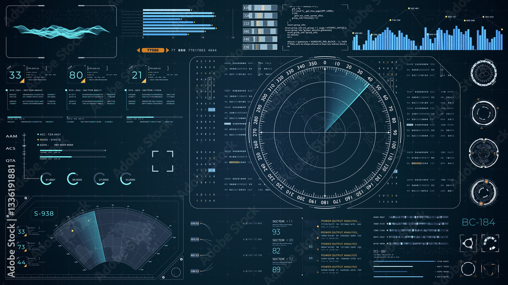 Fototapete blue color sonar radar screen searching an object with futuristic head up display (hud ui) technolog