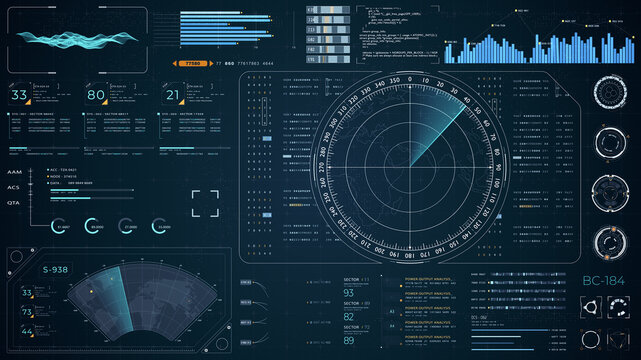 Blue color sonar radar screen searching an object with futuristic head up display (HUD UI) technology interface screen and chat panel abstract background
