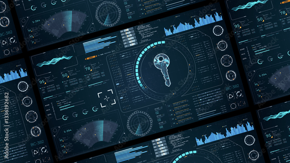 Poster blue digital security key with head up display (hud ui) and circuit panel futuristic abstract backgr
