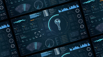 Blue digital security key with head up display (HUD UI) and circuit panel futuristic abstract background network firewall technology and data secure